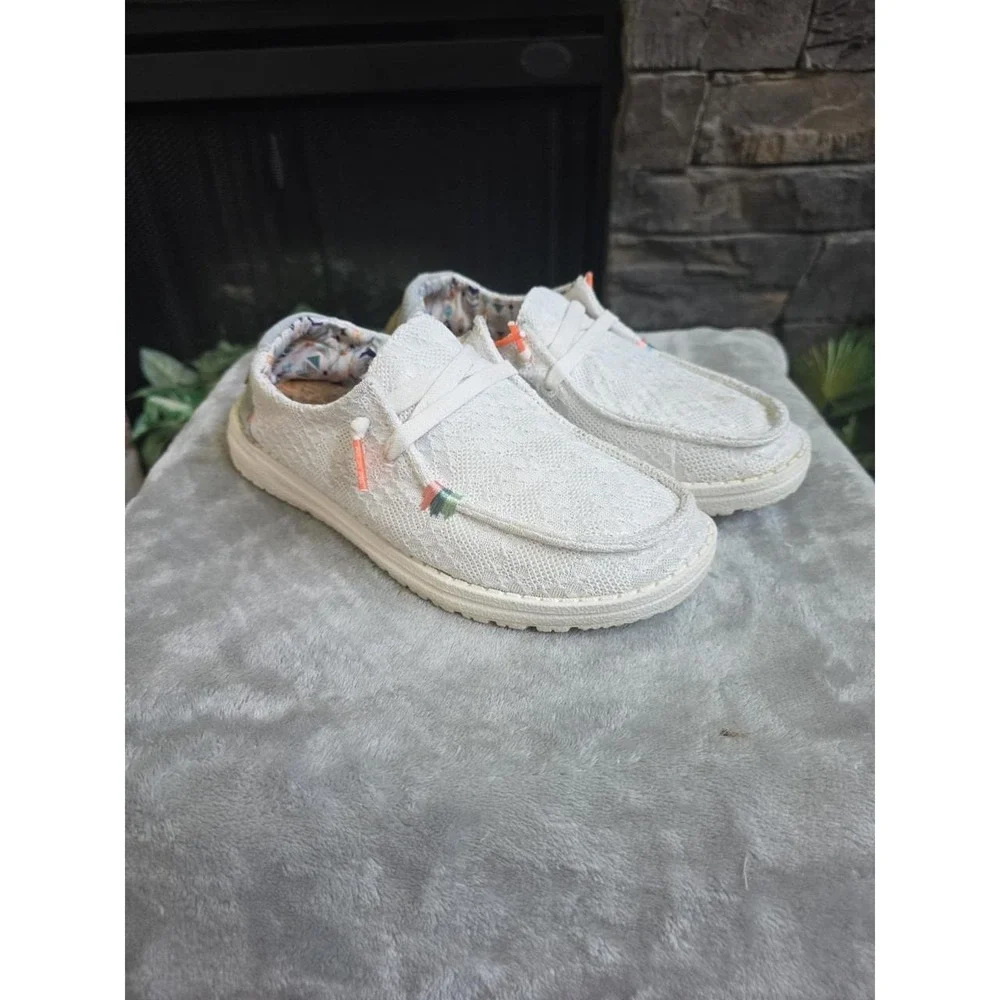 Hey Dude Wendy Boho Crochet White Slip On Shoes Womens 6